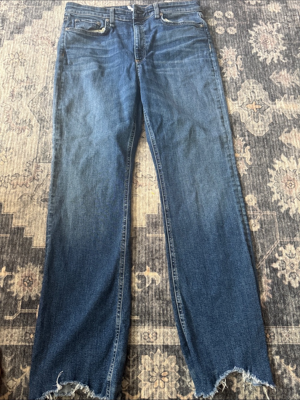 rag & bone Women's Straight Leg Jeans in Medium Blue with Frayed Hem
